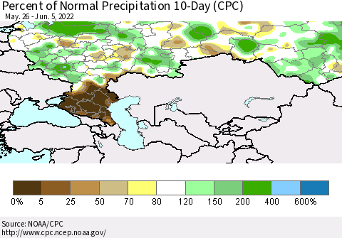 Russian Federation Percent of Normal Precipitation 10-Day (CPC) Thematic Map For 5/26/2022 - 6/5/2022