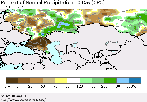Russian Federation Percent of Normal Precipitation 10-Day (CPC) Thematic Map For 6/1/2022 - 6/10/2022