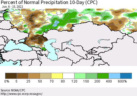 Russian Federation Percent of Normal Precipitation 10-Day (CPC) Thematic Map For 6/6/2022 - 6/15/2022