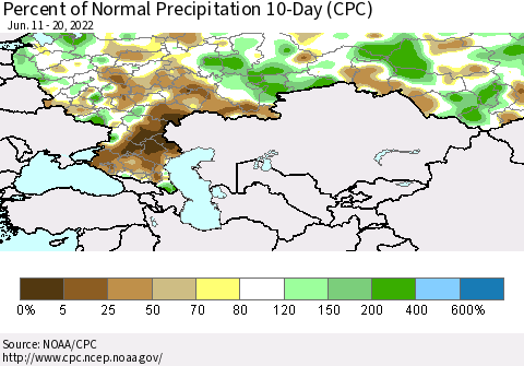 Russian Federation Percent of Normal Precipitation 10-Day (CPC) Thematic Map For 6/11/2022 - 6/20/2022