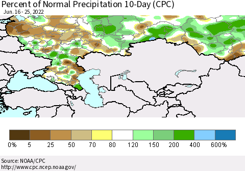 Russian Federation Percent of Normal Precipitation 10-Day (CPC) Thematic Map For 6/16/2022 - 6/25/2022