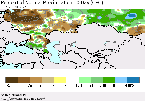 Russian Federation Percent of Normal Precipitation 10-Day (CPC) Thematic Map For 6/21/2022 - 6/30/2022