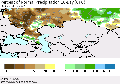 Russian Federation Percent of Normal Precipitation 10-Day (CPC) Thematic Map For 6/26/2022 - 7/5/2022