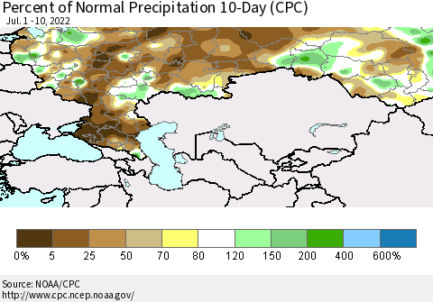 Russian Federation Percent of Normal Precipitation 10-Day (CPC) Thematic Map For 7/1/2022 - 7/10/2022