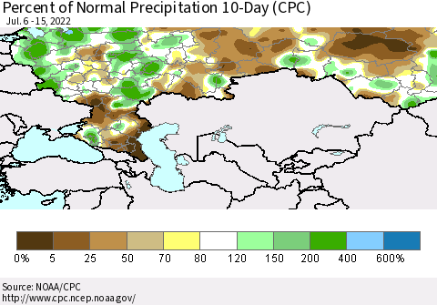 Russian Federation Percent of Normal Precipitation 10-Day (CPC) Thematic Map For 7/6/2022 - 7/15/2022