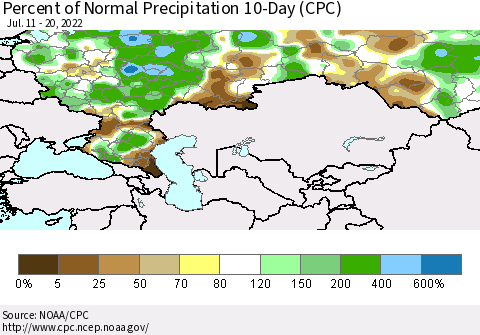 Russian Federation Percent of Normal Precipitation 10-Day (CPC) Thematic Map For 7/11/2022 - 7/20/2022