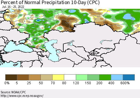 Russian Federation Percent of Normal Precipitation 10-Day (CPC) Thematic Map For 7/16/2022 - 7/25/2022