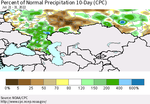 Russian Federation Percent of Normal Precipitation 10-Day (CPC) Thematic Map For 7/21/2022 - 7/31/2022