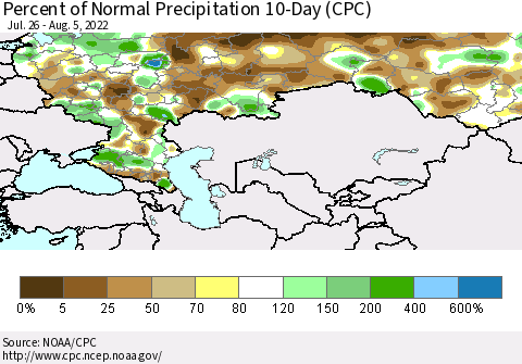 Russian Federation Percent of Normal Precipitation 10-Day (CPC) Thematic Map For 7/26/2022 - 8/5/2022