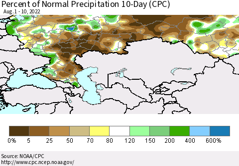 Russian Federation Percent of Normal Precipitation 10-Day (CPC) Thematic Map For 8/1/2022 - 8/10/2022