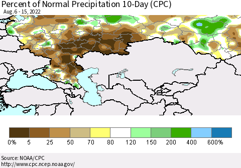 Russian Federation Percent of Normal Precipitation 10-Day (CPC) Thematic Map For 8/6/2022 - 8/15/2022