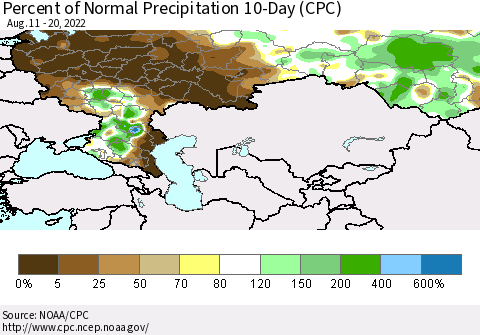Russian Federation Percent of Normal Precipitation 10-Day (CPC) Thematic Map For 8/11/2022 - 8/20/2022