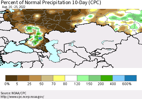 Russian Federation Percent of Normal Precipitation 10-Day (CPC) Thematic Map For 8/16/2022 - 8/25/2022