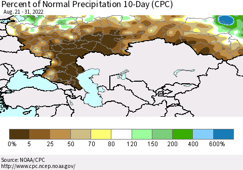 Russian Federation Percent of Normal Precipitation 10-Day (CPC) Thematic Map For 8/21/2022 - 8/31/2022