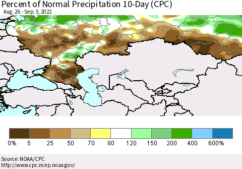 Russian Federation Percent of Normal Precipitation 10-Day (CPC) Thematic Map For 8/26/2022 - 9/5/2022