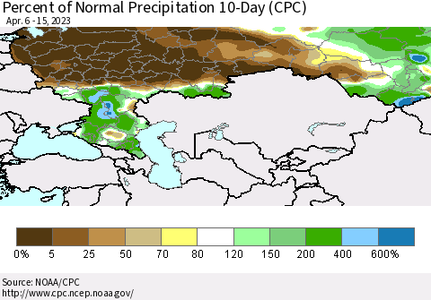 Russian Federation Percent of Normal Precipitation 10-Day (CPC) Thematic Map For 4/6/2023 - 4/15/2023