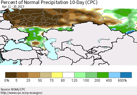 Russian Federation Percent of Normal Precipitation 10-Day (CPC) Thematic Map For 4/11/2023 - 4/20/2023