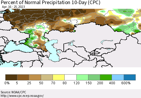 Russian Federation Percent of Normal Precipitation 10-Day (CPC) Thematic Map For 4/16/2023 - 4/25/2023
