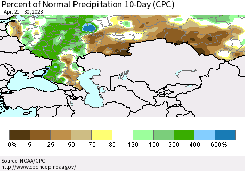 Russian Federation Percent of Normal Precipitation 10-Day (CPC) Thematic Map For 4/21/2023 - 4/30/2023