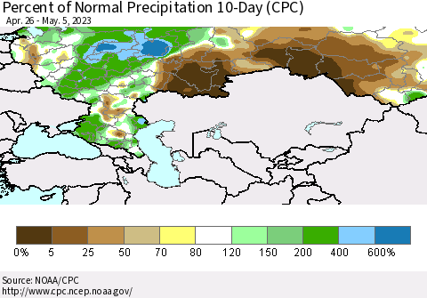 Russian Federation Percent of Normal Precipitation 10-Day (CPC) Thematic Map For 4/26/2023 - 5/5/2023
