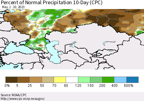Russian Federation Percent of Normal Precipitation 10-Day (CPC) Thematic Map For 5/1/2023 - 5/10/2023