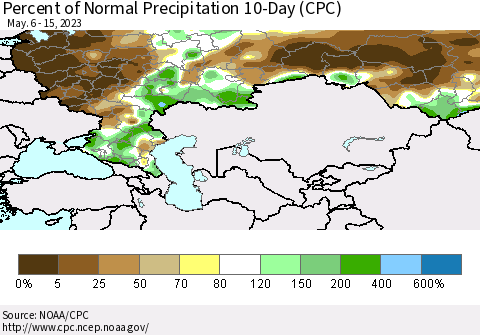 Russian Federation Percent of Normal Precipitation 10-Day (CPC) Thematic Map For 5/6/2023 - 5/15/2023