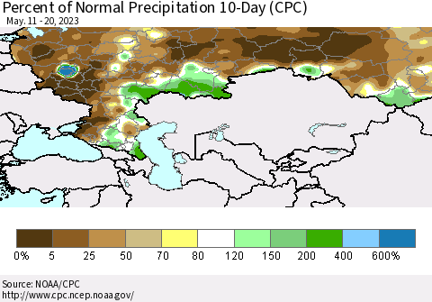 Russian Federation Percent of Normal Precipitation 10-Day (CPC) Thematic Map For 5/11/2023 - 5/20/2023