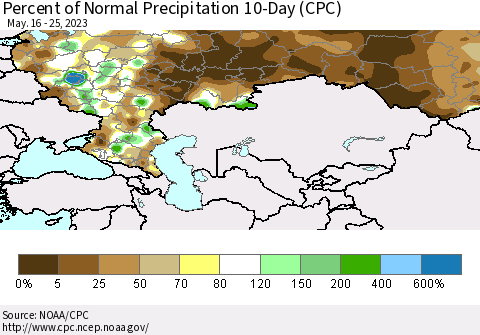 Russian Federation Percent of Normal Precipitation 10-Day (CPC) Thematic Map For 5/16/2023 - 5/25/2023