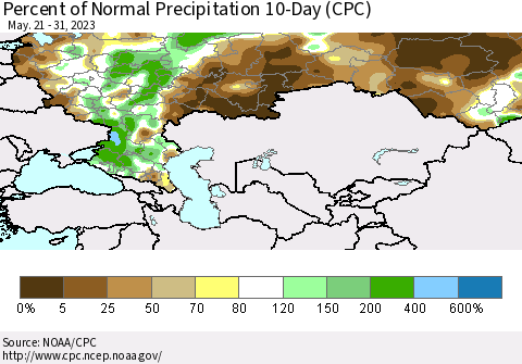Russian Federation Percent of Normal Precipitation 10-Day (CPC) Thematic Map For 5/21/2023 - 5/31/2023