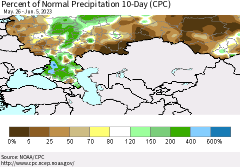 Russian Federation Percent of Normal Precipitation 10-Day (CPC) Thematic Map For 5/26/2023 - 6/5/2023