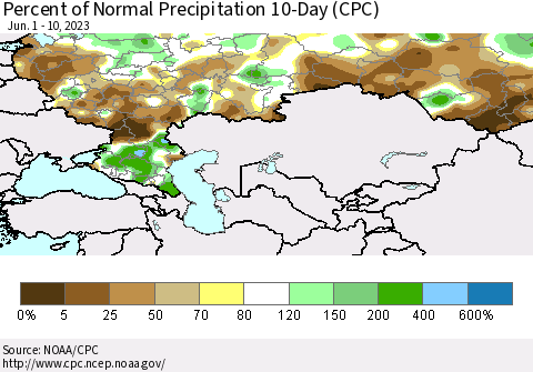 Russian Federation Percent of Normal Precipitation 10-Day (CPC) Thematic Map For 6/1/2023 - 6/10/2023