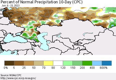 Russian Federation Percent of Normal Precipitation 10-Day (CPC) Thematic Map For 6/6/2023 - 6/15/2023
