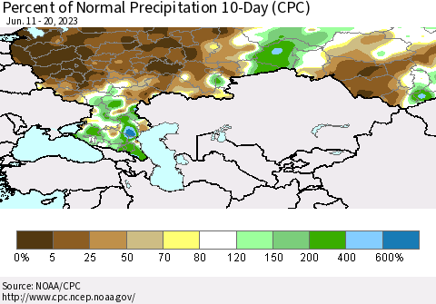 Russian Federation Percent of Normal Precipitation 10-Day (CPC) Thematic Map For 6/11/2023 - 6/20/2023