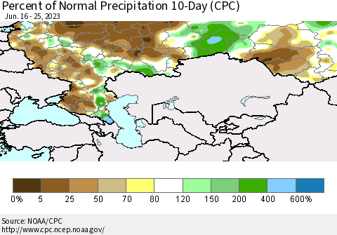 Russian Federation Percent of Normal Precipitation 10-Day (CPC) Thematic Map For 6/16/2023 - 6/25/2023