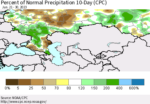 Russian Federation Percent of Normal Precipitation 10-Day (CPC) Thematic Map For 6/21/2023 - 6/30/2023