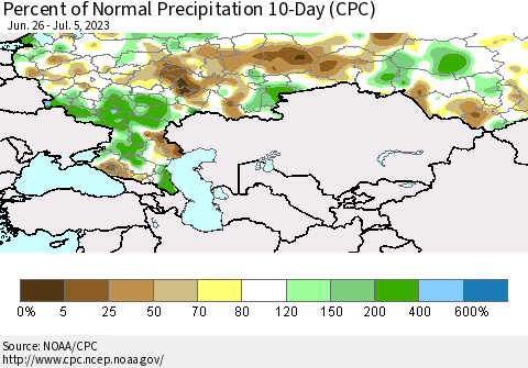 Russian Federation Percent of Normal Precipitation 10-Day (CPC) Thematic Map For 6/26/2023 - 7/5/2023