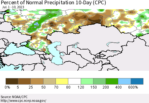 Russian Federation Percent of Normal Precipitation 10-Day (CPC) Thematic Map For 7/1/2023 - 7/10/2023