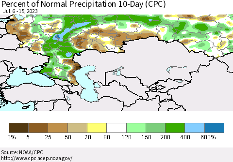 Russian Federation Percent of Normal Precipitation 10-Day (CPC) Thematic Map For 7/6/2023 - 7/15/2023