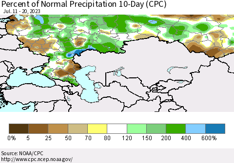 Russian Federation Percent of Normal Precipitation 10-Day (CPC) Thematic Map For 7/11/2023 - 7/20/2023