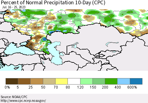 Russian Federation Percent of Normal Precipitation 10-Day (CPC) Thematic Map For 7/16/2023 - 7/25/2023