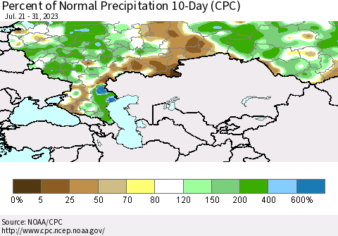 Russian Federation Percent of Normal Precipitation 10-Day (CPC) Thematic Map For 7/21/2023 - 7/31/2023