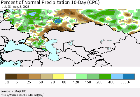 Russian Federation Percent of Normal Precipitation 10-Day (CPC) Thematic Map For 7/26/2023 - 8/5/2023