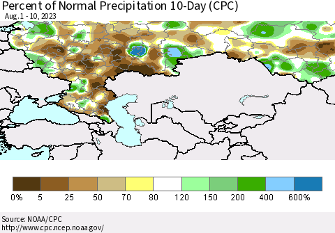 Russian Federation Percent of Normal Precipitation 10-Day (CPC) Thematic Map For 8/1/2023 - 8/10/2023