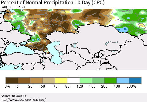 Russian Federation Percent of Normal Precipitation 10-Day (CPC) Thematic Map For 8/6/2023 - 8/15/2023