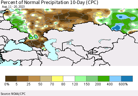 Russian Federation Percent of Normal Precipitation 10-Day (CPC) Thematic Map For 8/11/2023 - 8/20/2023