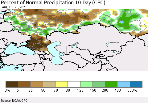 Russian Federation Percent of Normal Precipitation 10-Day (CPC) Thematic Map For 8/16/2023 - 8/25/2023