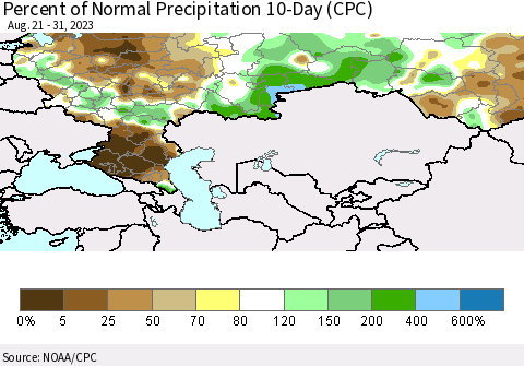 Russian Federation Percent of Normal Precipitation 10-Day (CPC) Thematic Map For 8/21/2023 - 8/31/2023