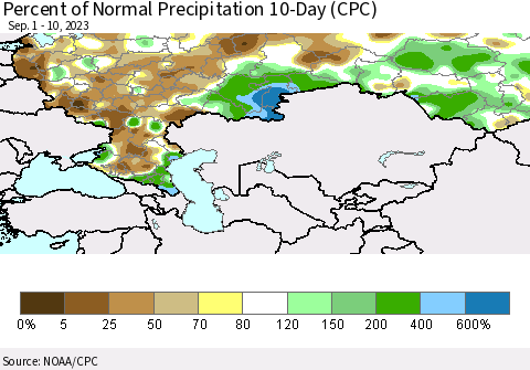 Russian Federation Percent of Normal Precipitation 10-Day (CPC) Thematic Map For 9/1/2023 - 9/10/2023