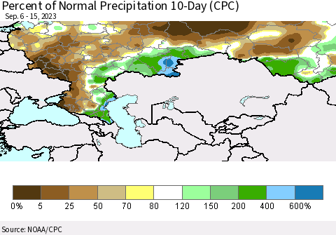 Russian Federation Percent of Normal Precipitation 10-Day (CPC) Thematic Map For 9/6/2023 - 9/15/2023