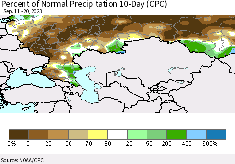 Russian Federation Percent of Normal Precipitation 10-Day (CPC) Thematic Map For 9/11/2023 - 9/20/2023